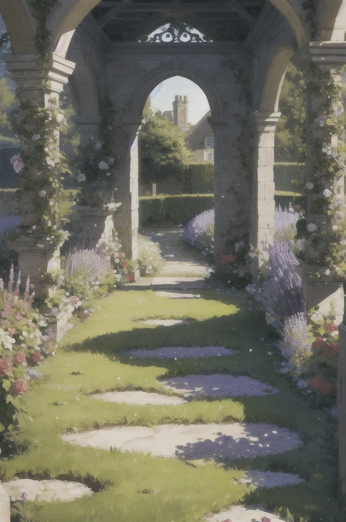 English Garden. An English garden with roses, lavender, and other classic flowers. The garden should have a romantic and charming look, with winding paths and arches covered in vines. The plants should be arranged in a way that creates a sense of balance and harmony, with symmetrical shapes and carefully chosen color schemes.