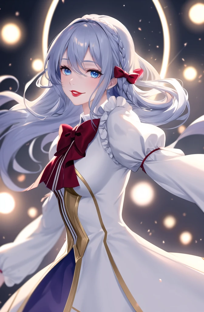 (Very delicate and beautiful:1.2),1 girl, smooth, blue eyes, Blurry, Blurry background, bow, golden hair, gag, from the side, hair between the eyes, hair bow, lamp, light particles, long sleeve, look at viewer, medium hair, nighttime, alone,  upper body,smile,red lips