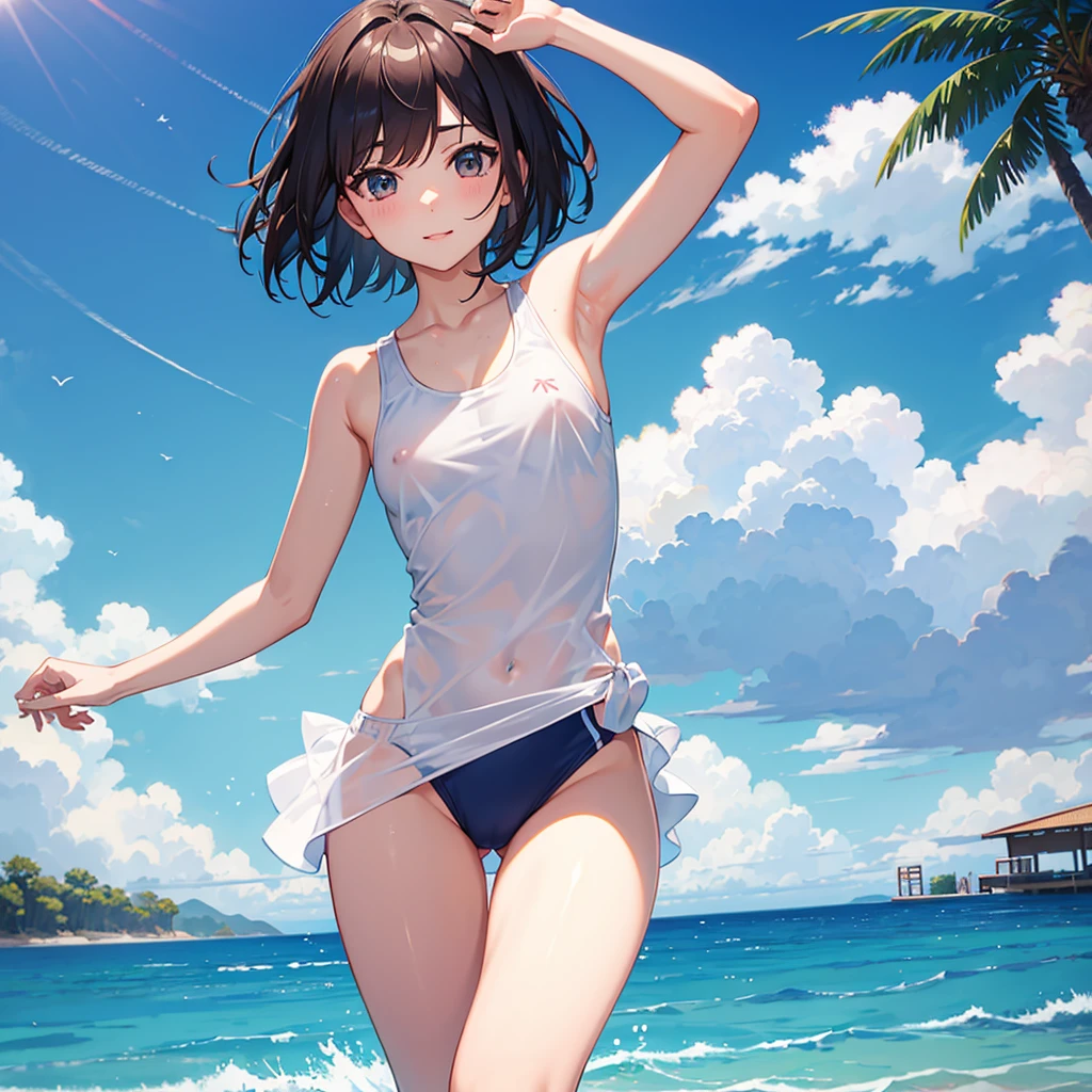 high quality，high resolution，1 pretty girl，Short Bob，School Swimsuit，Small breasts，My nipples are erect，Summer swimming pool