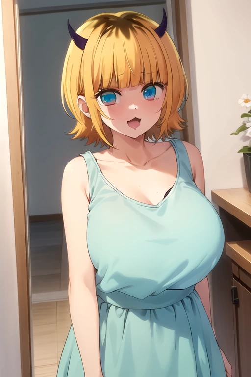 best quality, masterpiece, detailed,
memcho,
open mouth, :3, happy,
short hair, blonde hair, multicolored hair, aqua eyes, blunt bangs, horns,, collarbone, puffy sleeves,standing, looking at the viewer,Huge breasts:1.5、
indoors、Tシャツマキシ(きつい)ドレス