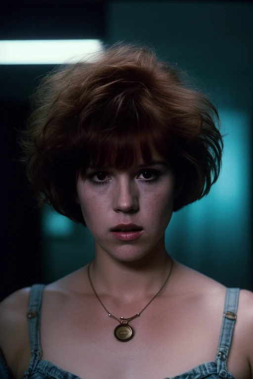 Full shot of eighteen-year-old Molly Ringwald, messy/shaggy razored/layered bob haircut with sideswept bangs, bags under eyes, exhausted eyes, undershadowed eyes, with copper pocketwatch necklace, wearing dark green jacket with sleeves rolled up, white tank top and jeans, extremely realistic, extremely detailed, extreme realism, extreme detail, extremely accurate resemblance, scene from 1986 psychological sci-fi horror film, directed by Michael Mann, cinematography by Dante Spinotti, muted color scheme, muted color palette, neo-noir, tech-noir, shot on 35mm film, atmospheric, moody, Manhunter (1986) influenced, Thief (1981) influenced, bedhead, unkempt hair, insomniac, dark circles under eyes, brooding anti-heroine, cult classic, cult film, complex, elaborate, masterpiece, underlit, dark, 4k ultra HD remaster from original 35mm film negative, taken from 4k ultra HD Blu-Ray release, directed by Nicholas Winding Refn, synthwave, neon, retrowave