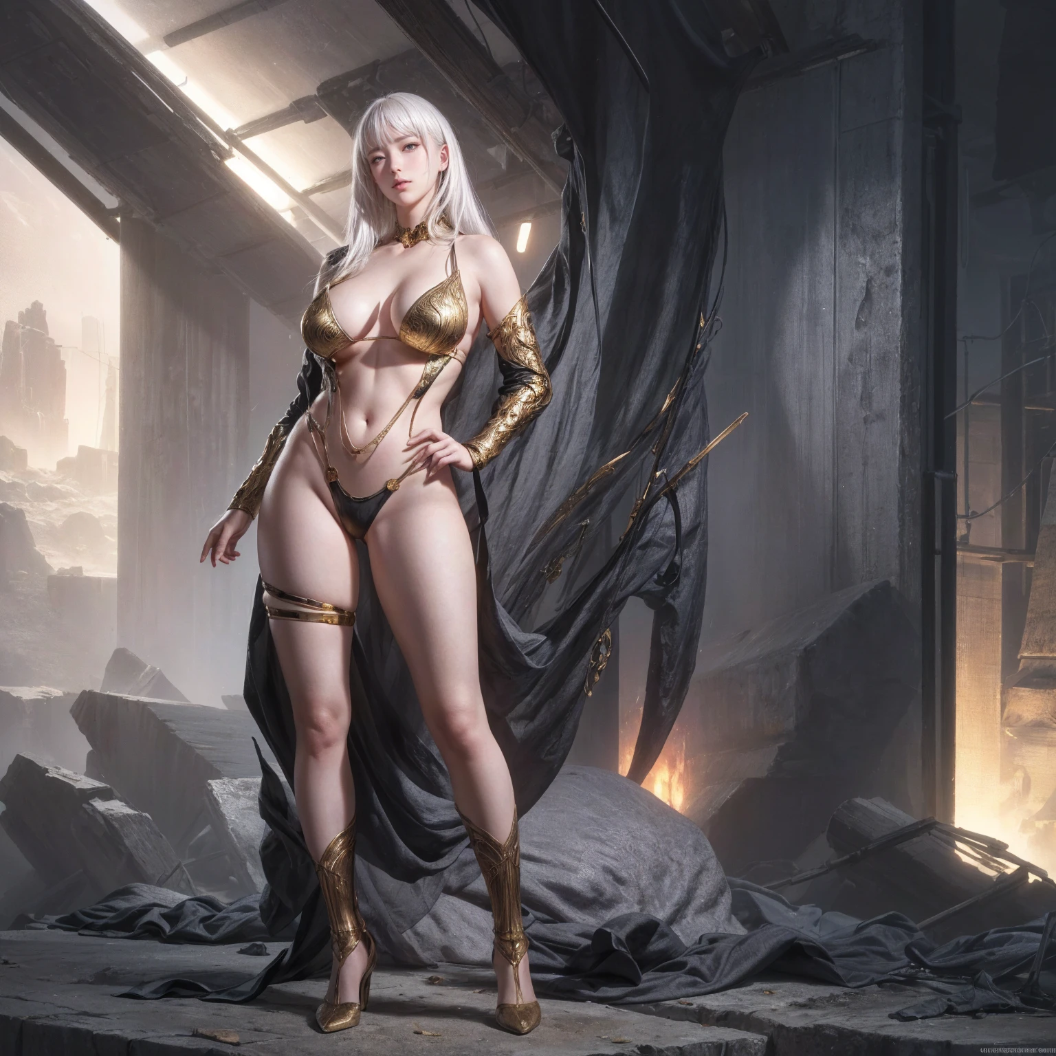 (best quality,4k,8k,highres,masterpiece:1.2),ultra-detailed,(realistic,photorealistic,photo-realistic:1.37), illustration by artgerm and gerald brom, attractive woman, perfect body, huge breasts, hyperfeminine curves, dangerous allure, futuristic theme, black, red, gold, vibrant, emotive expressions, 가슴이 완전 드러난, 글래머, K컵, 드러낸 가슴, 육덕, 풍만, ((((full body)))), solo, 1woman, white hair