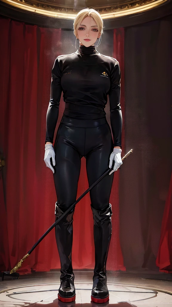 (highest resolution, distinct_image) best quality, a woman, solo, masterpiece, highly detailed, semi realistic, blonde hair, bangs, 18 years old, mature, young, tall strong, uniform, military uniform( large indoor background), cold, serious, tall, handsome, autocratic, powerful, exquisite facial features, exquisite facial features, (full body)(black knee-high boots:1.4)(dominatrix:0.3)(white Yoga pants:1.3),(gloves:1.5)(long sleeves),(active sportswear shirt),solo,1girl,(looking at viewer),(from below:0.7)(head turned upwards:0.3)(smiling:0.4)(bodysuit:0.3)(holding riding crop:1.2)(muscular:0.8)(shirt tucket in pants)(parquet flooring)(standing on floor)(pretty eyes)(staring)(yandere), red eyes, white hair, superior smirk, smiling, devious