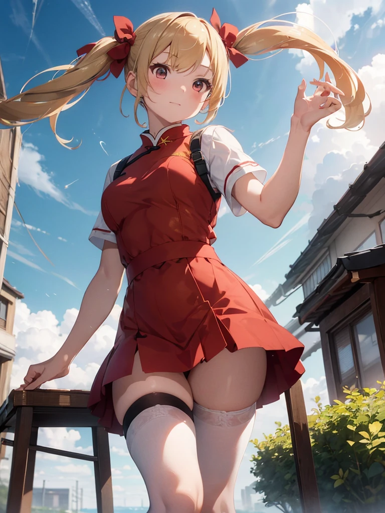 8k, Delicate image quality, best quality, (((blond twintails))), Red qipao, panty hose, 16 year  old Beautiful girl, masterpiece, best quality, ultra detailed, Photo taken from below, outdoors, storm, lightning, leg spread,