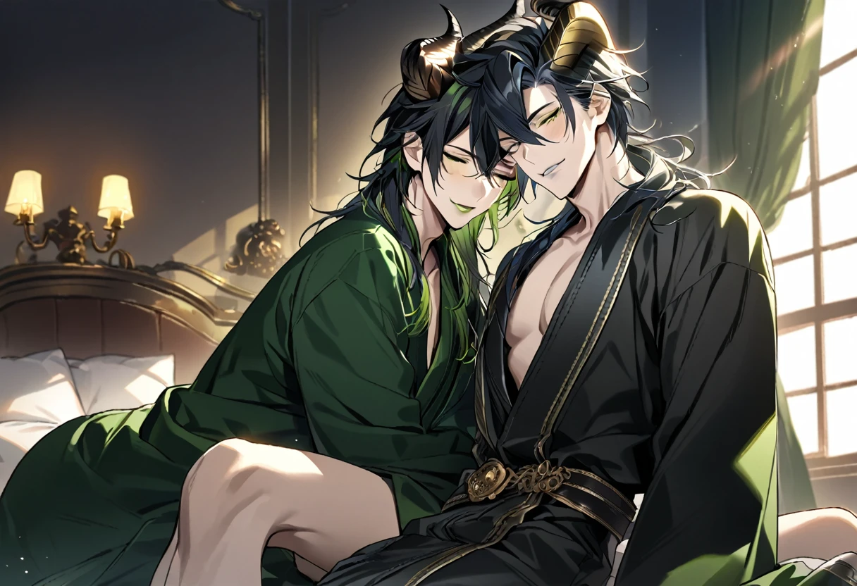 1boy, 1man, duo, super fine illustration, best quality, steam punk, luxurious hotel suite, king-size bed,young adult, black hair, blue eyes, silver hair, green eyes, handsome,peaceful sleeping, rose petals, soft lighting, serene expressions, window light, intimate,full-face blush, Naked a bathrobe,shut one's eyes,NSFW malleus draconia (twisted wonderland) horns, bishounen, boy, male, yana Toboso style, long hair, black hair, yellow green eyes, smile, gray lips, handsome, skinny, tall, yellow green glow,