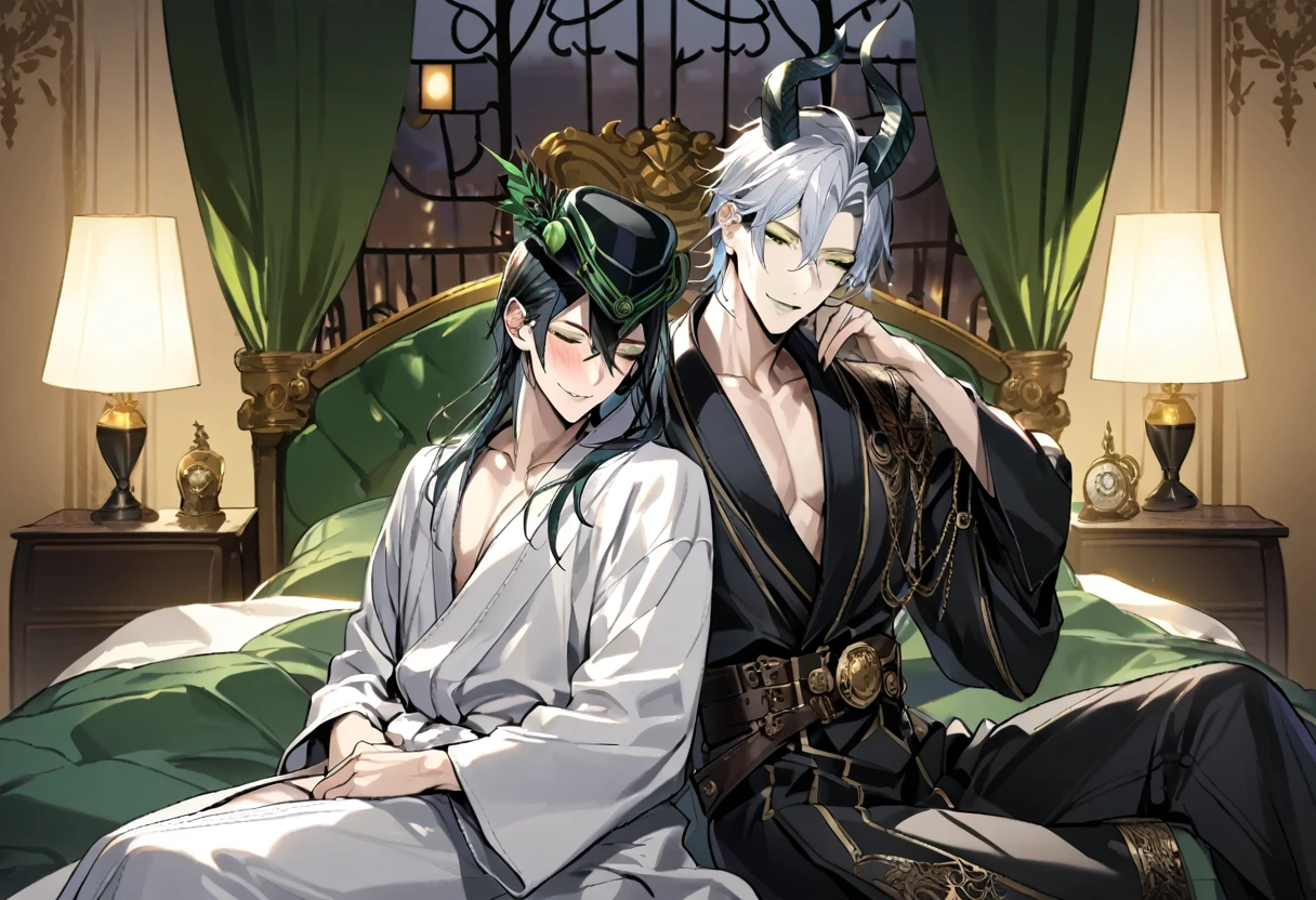 1boy, 1man, duo, super fine illustration, best quality, steam punk, luxurious hotel suite, king-size bed,young adult, black hair, blue eyes, silver hair, green eyes, handsome,peaceful sleeping, rose petals, soft lighting, serene expressions, window light, intimate,full-face blush, Naked a bathrobe,shut one's eyes,NSFW malleus draconia (twisted wonderland) horns, bishounen, boy, male, yana Toboso style, long hair, black hair, yellow green eyes, smile, gray lips, handsome, skinny, tall, yellow green glow,