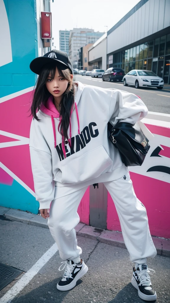Capture a beautiful stylish girl in a hype outfit, complete with trendy sneakers, oversized hoodie, and edgy accessories. She's posing confidently in front of a modern, urban building. Behind her, there's a large, vibrant graffiti mural featuring the word 'SASIMO' in bold, colorful letters. The background should emphasize the dynamic cityscape, with the girl exuding cool confidence and street-style flair."

