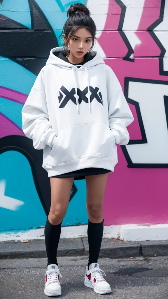 Capture a beautiful stylish girl in a hype outfit, complete with trendy sneakers, oversized hoodie, and edgy accessories. She's posing confidently in front of a modern, urban building. Behind her, there's a large, vibrant graffiti mural featuring the word 'SASIMO' in bold, colorful letters. The background should emphasize the dynamic cityscape, with the girl exuding cool confidence and street-style flair."

