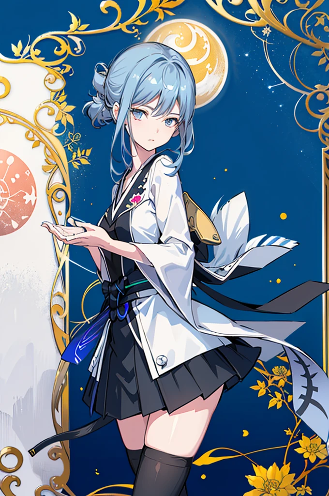 1girl, solo, outdoors, long hair, holy place, Original,(Illustration:1.1),(Best Quality),(masutepiece:1.1),(the Extremely Detailed CG Unity 8K Wallpapers:1.1), (Colorful:0.9),(mid-shot:0.95),(extremely detailed beautiful face),(Solo:1.2), (girl),(((Lori))), (Detailed beautiful eyes:1.15), (Beautiful face:1.15), (Glowing blue eyes:1.25////),(((sky blue Long Hair))),(two side up),(+perfect hand+:1.21),(Draw illustration of Japan priestess costume),(slender),(White pleated skirt),(Gothic),((black thighhighs)),(frilld),(Beautiful Slender Lolita Girl),hallowween,standing, girl,10 years old, girl,foggy place,vampire,sky blue hair,full body,whole body,