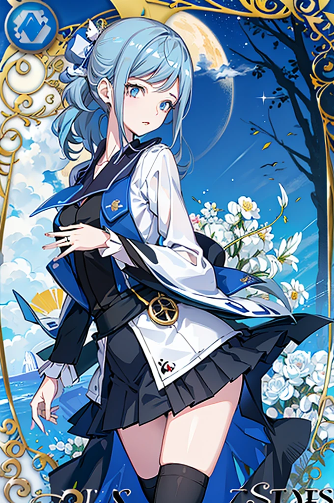 1girl,  solo, outdoors, long hair, holy place, Original,(Illustration:1.1),(Best Quality),(masutepiece:1.1),(the Extremely Detailed CG Unity 8K Wallpapers:1.1), (Colorful:0.9),(mid-shot:0.95),(extremely detailed beautiful face),(Solo:1.2), (girl),(((Lori))), (Detailed beautiful eyes:1.15), (Beautiful face:1.15), (Glowing blue eyes:1.25////),(((sky blue Long Hair))),(two side up),(+perfect hand+:1.21),(Draw illustration of Japan priestess costume),(slender),(White pleated skirt),(Gothic),((black thighhighs)),(frilld),(Beautiful Slender Lolita Girl),hallowween,standing, girl,10 years old,  girl,foggy place,vampire,sky blue hair,full body,whole body,