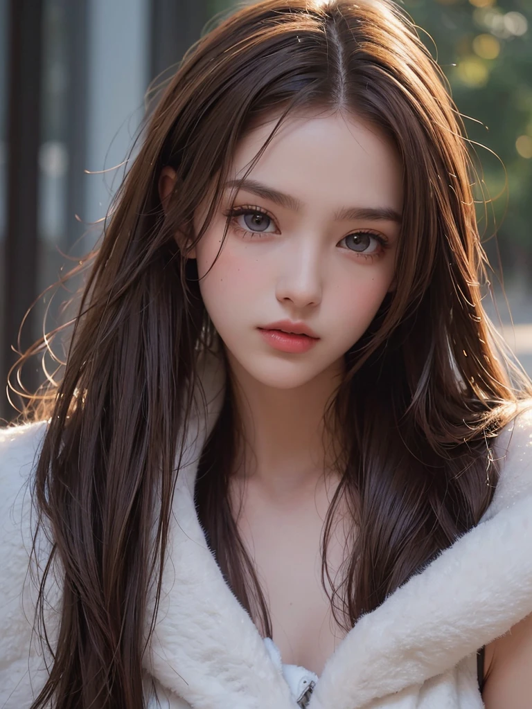 a 20-year-old woman, long blonde hair, blue eyes, dark theme, soft tones, soft colors, high contrast, (natural skin texture, hyperrealism, soft light, sharp), yellow background, simple background,