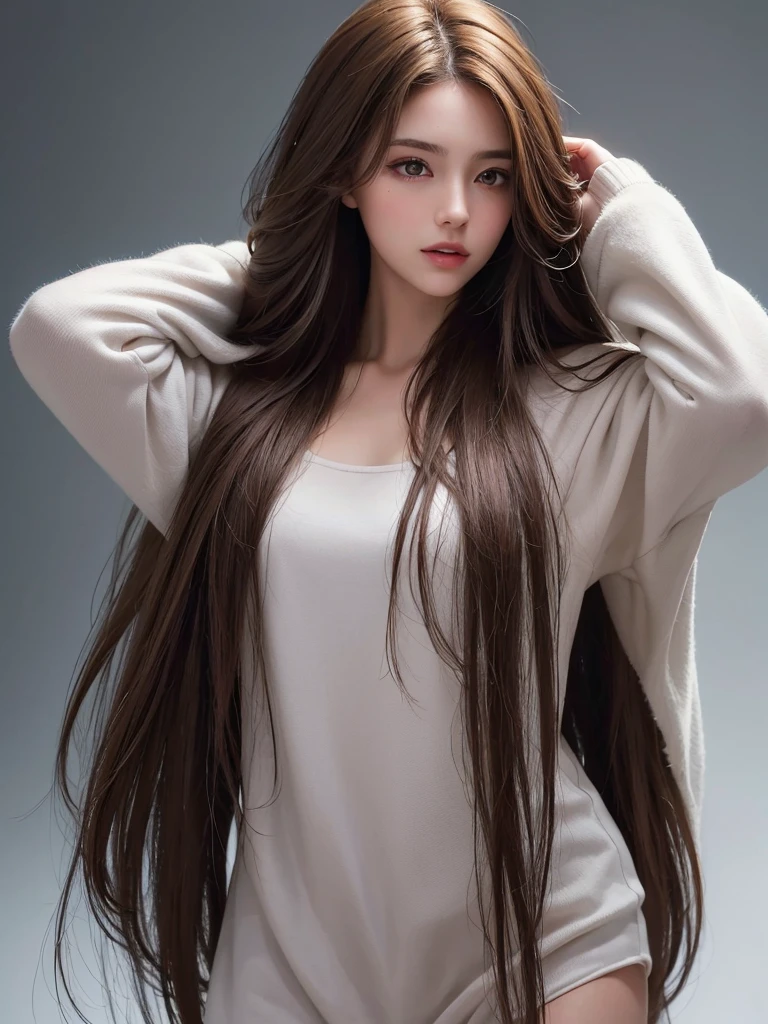 best qualtiy,tmasterpiece,A high resolution,Reality,RAW photogr,1girl,brunette color hair,Tall and tall,The background color is dark,There is a strong sense of contrast,The skin is tender and textured,cold light,With a shallow smile,With deep eyes
