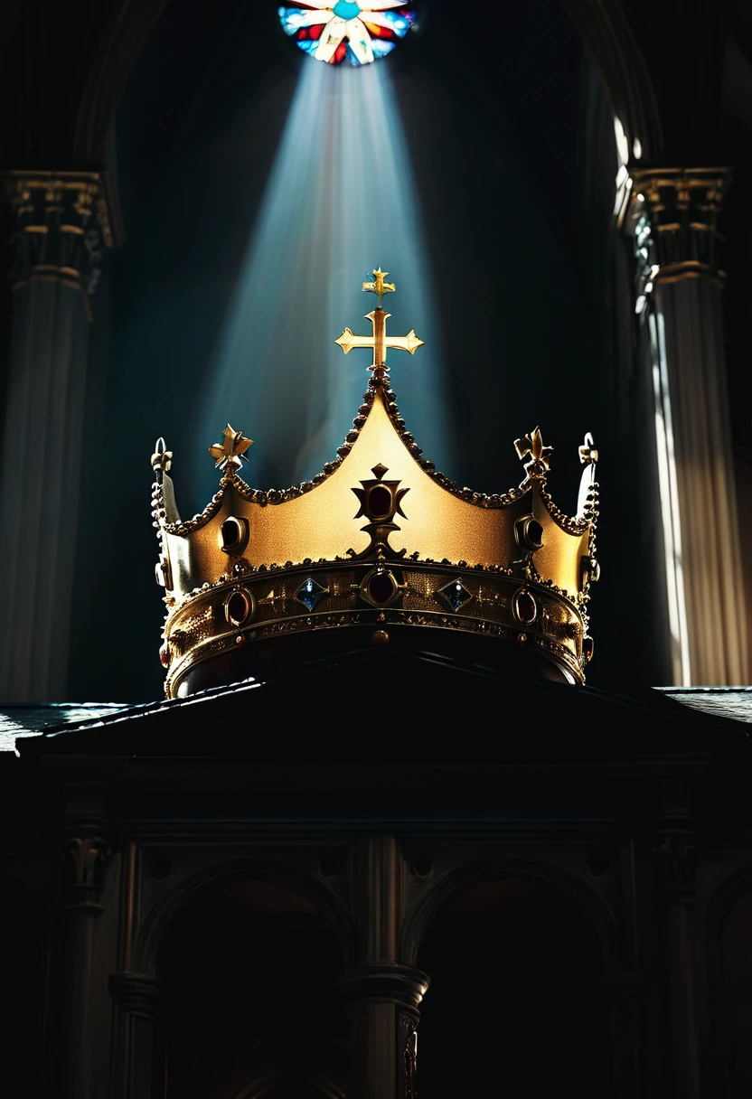 divine， low angle shot，cinematic，crown，church，dark background，Light and shadow effects

 