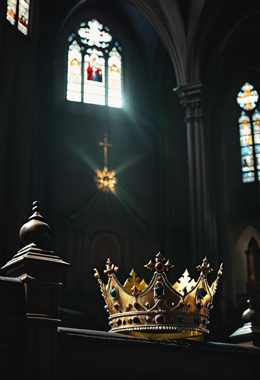 divine， low angle shot，cinematic，crown，church，dark background，Light and shadow effects

 