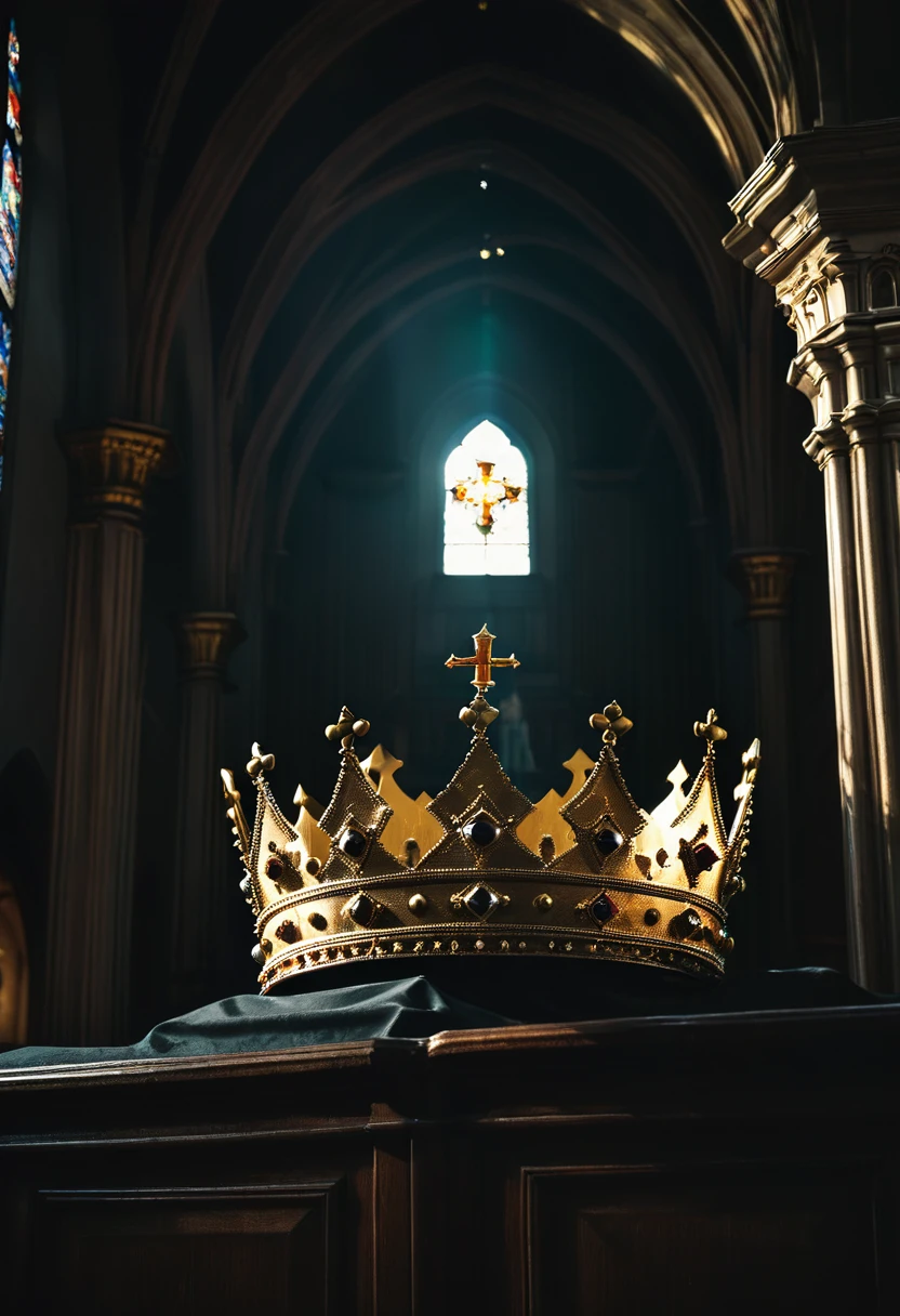 divine, low angle shot,cinematic,crown,church,dark background,Light and shadow effects