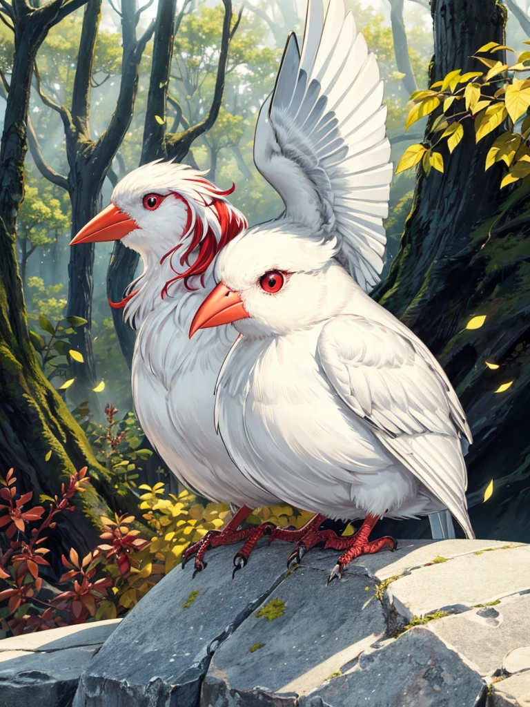(Highest quality,masterpiece:1.2),Super quality,Red beakを持つアルビノの鳥が木の枝に止まっている,Grasp a thin branch with your feet,Pure white finch:1.5,Pet Birds,slender, Just one,Watching birds, Cheeky look, birb, Pubic Pose, Intense albinism, Looking away from the camera,Sharp red eyes,Pale yellow beak,Red beak,Beautiful beak, in the forest,Sunlight filtering through the trees,Soft, diffused natural light,Dreamy atmosphere,Fantastic color palette