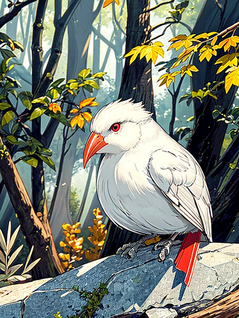 (Highest quality,masterpiece:1.2),Super quality,Red beakを持つアルビノの鳥が木の枝に止まっている,Grasp a thin branch with your feet,Pure white finch:1.5,Pet Birds,slender, Just one,Watching birds, Cheeky look, birb, Pubic Pose, Intense albinism, Looking away from the camera,Sharp red eyes,Pale yellow beak,Red beak,Beautiful beak, in the forest,Sunlight filtering through the trees,Soft, diffused natural light,Dreamy atmosphere,Fantastic color palette