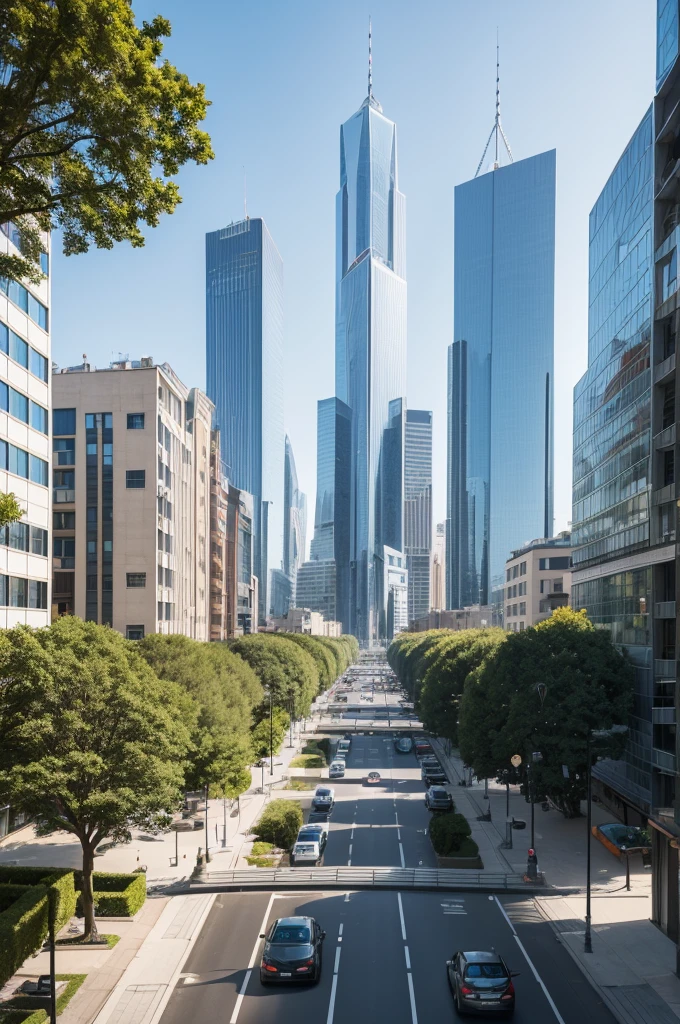 city with a very modern buildings, severus luxuriaous buildings a city with a sunny climate and clean streets andar many trees and gardens, the roof of the buildings with gardens. Witherspoon robots taking care of entire organization of the city, and The buildings Being more sustentaible