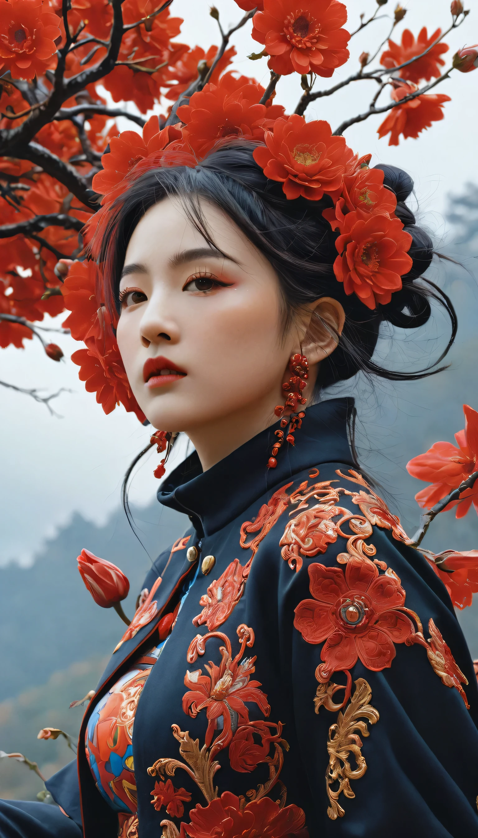Official Art, Unity 8K wallpaper, Extremely detailed, beautiful and aesthetic, masterpiece, best quality, (zendispute, Mandala, dispute, endispute), (Fractal Art:1.3) , 1 Girl, Red flowers, Extremely detailed, Dynamic Angle, Cowboy shooting, The most beautiful form of chaos, elegant, Barbarian design, Vibrant colors, , author:James Jean, Robbie Devi Antonio, Ross Chen, French Bacon, It was cold, Adrian Genius, Petra Corrette, Gerhard Richter, Takato Yamamoto, Ashley Wood, atmosphere