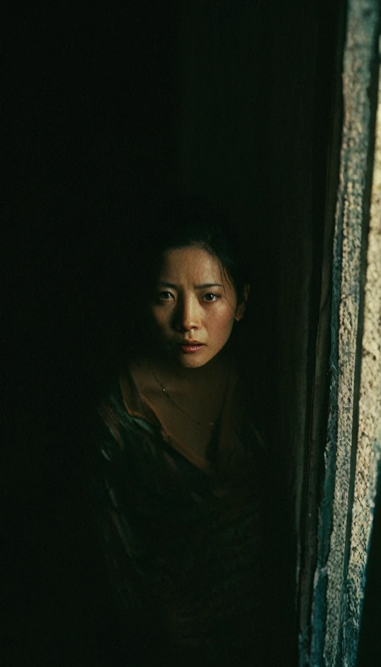 Extreme high angle shot from above, woman, looking at camera, drama movie, movie still, lighting through window, shadows on face, wong kar wai color palette
