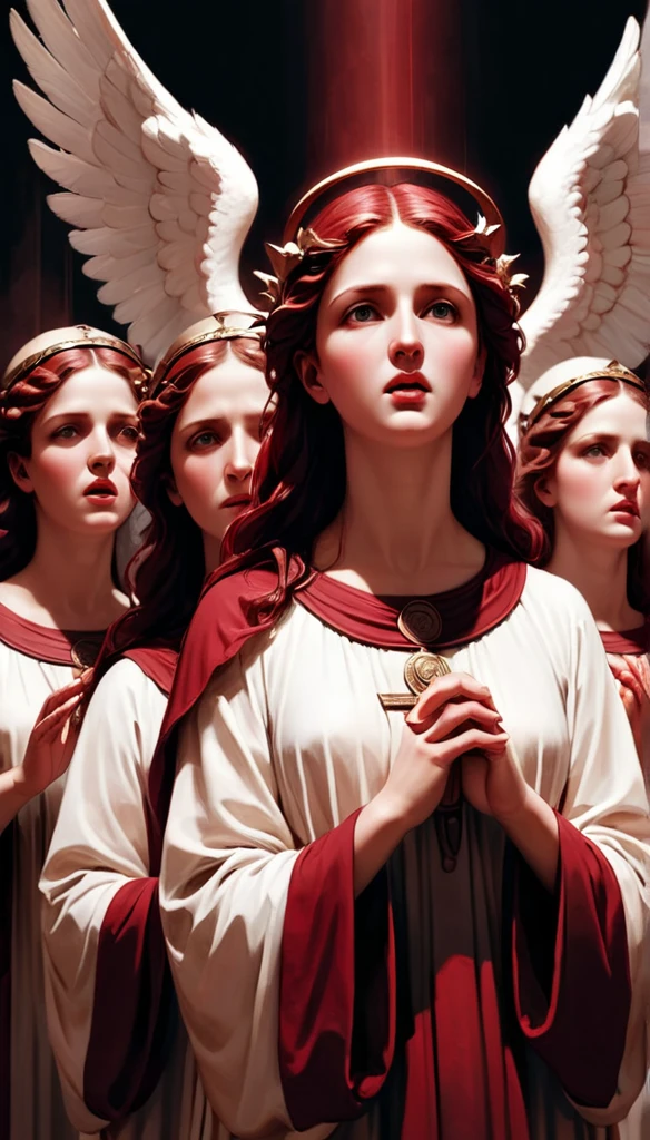 The Angelic Choir, in the style of timeless mythology, hellenistic art, dark crimson and white, heavy lines, high contrast, duotone