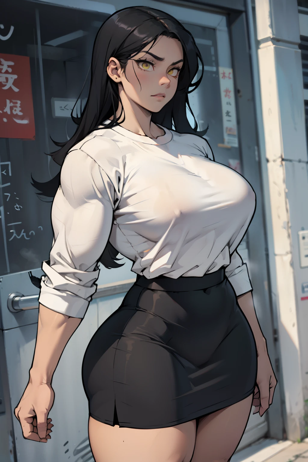 huge muscles huge breasts huge thighs pale skin black hair yellow eyes very long hair muscular girl sad expressionless plated skirt long sleeve tight t-shirt