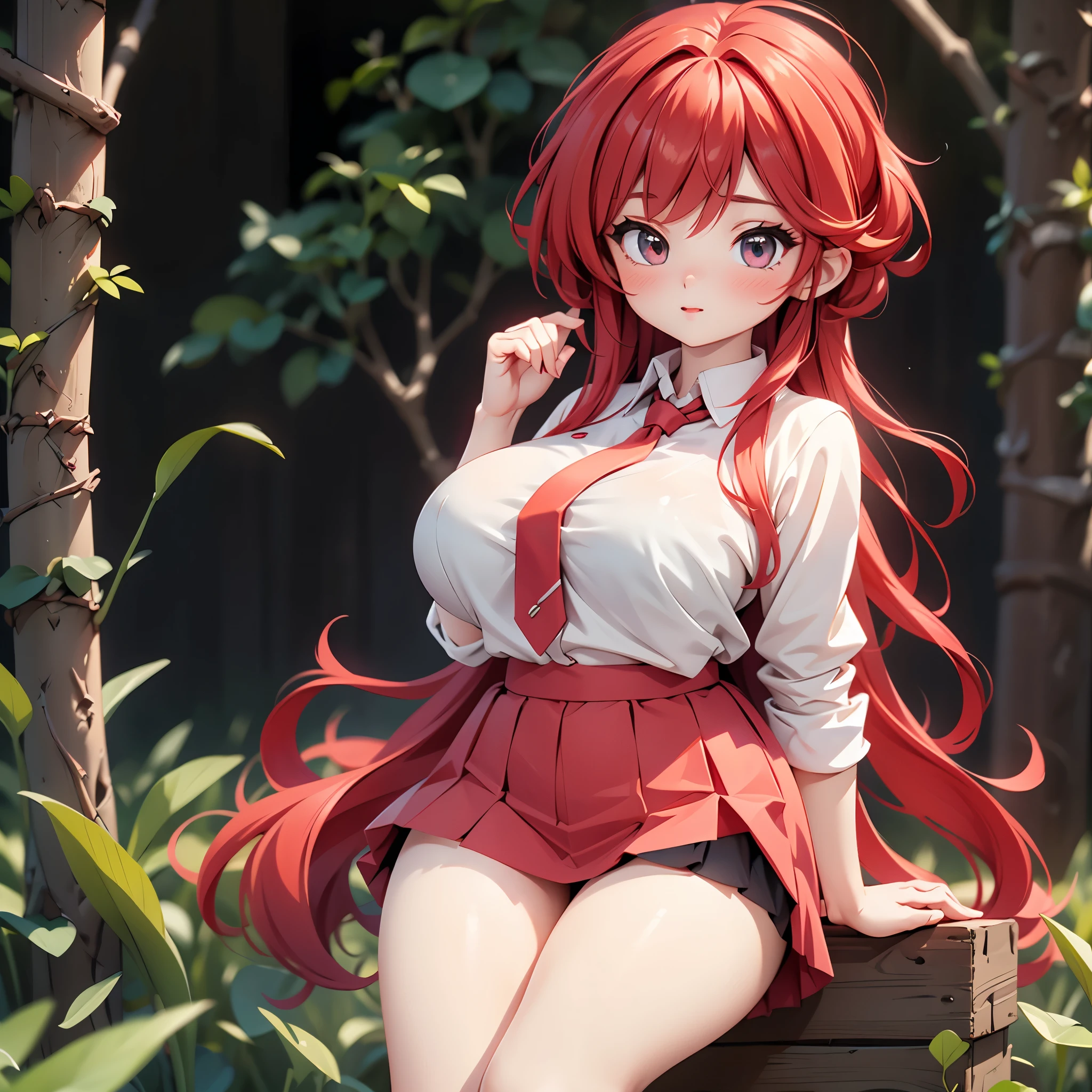 1 only, the best quality, A red-haired girl with huge breasts, sitting, slender, black with red tie, deep neckline, exposed navel, miniskirt, eyes visible through hair, photo shoot, big thighs, tight tape on thighs, nipple exposed