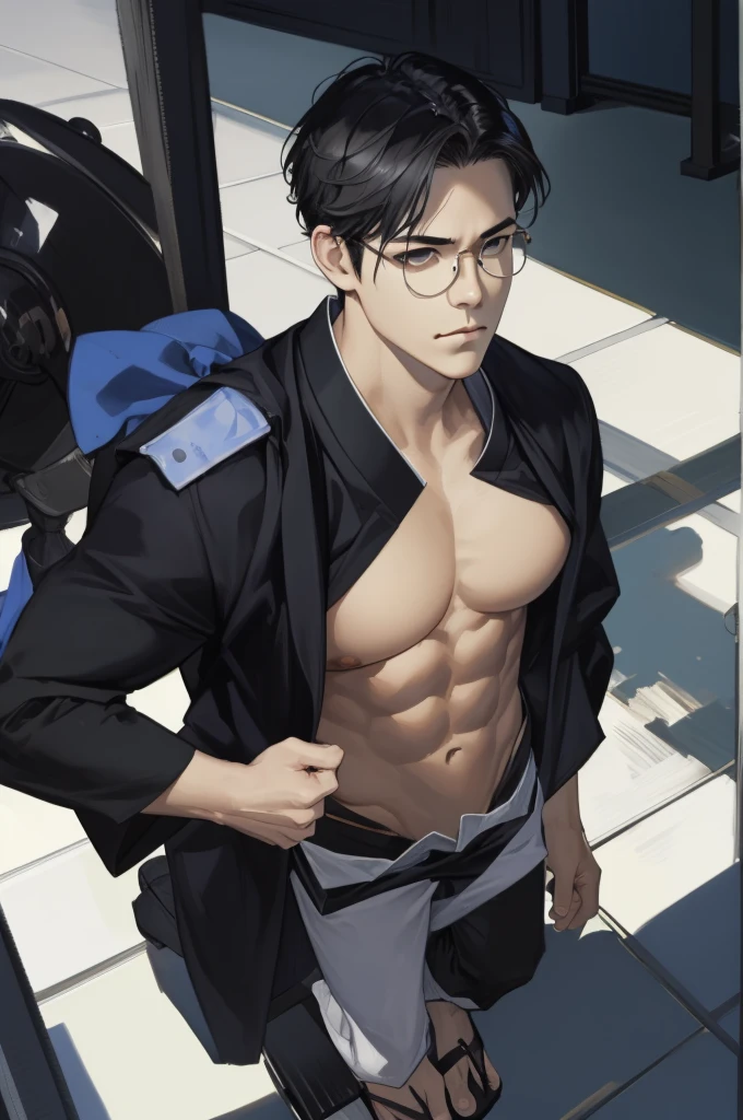 masterpiece, best quality, realistic, 1man, male focus, tall muscular, handsome, [thin eyebrows:0.5], serious, shirtless, portrait, extremely detailed face, black hair, (short hair), shirtless, six packs, full body, Japanese, round glasses, relax