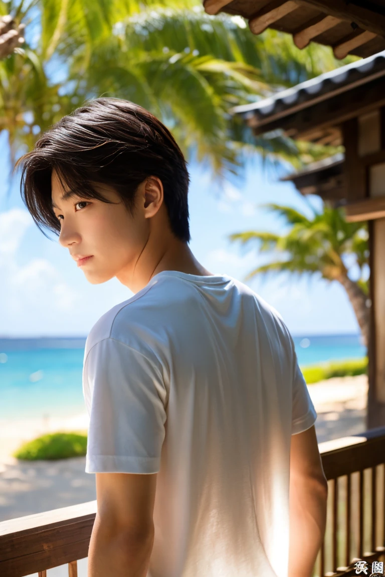 Handsome,Japanese,20-year-old,Short Hair,Landscape,T-Shirts,Height: 180 cm,Sunburn,back of head,