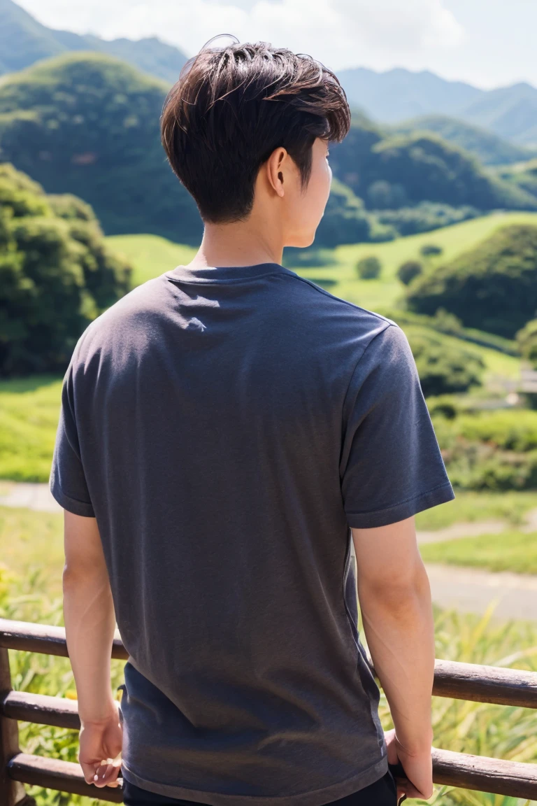 Handsome,Japanese,20-year-old,Short Hair,Landscape,T-Shirts,Height: 180 cm,Sunburn,back of head,