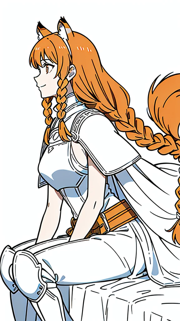 (1girl,20 years old,mature female,solo),tiger ears,long hair,(twin braids),orange hair,white knight armor,(white background,line drawing),smile,sitting,profile, looking away