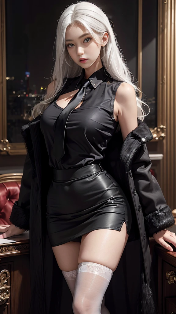 (nsfw:1.5)、Photorealistic perfect body、Super best image quality、Realistic super high quality、(japanese woman:1.2)、(huge breasts:1.3)、(cleavage:1.5)、(Gal style houndstooth pattern business suit setup、mini skirt with belt:1.5)、(knee high boots:1.5)、、waist slender、(smiling)、(silver hair:1.5)、(short hair:1.5)、(wavy hair:1.5)、(smooth bangs)、(Gal style thick eyeliner:1.2)、(long eyelashes:1.1)、(false eyelashes:1.1)、gal style makeup、gal style earrings、gal style bracelet、(Gal style big triple necklace:1.2)、sit and spread your legs、bend your knees