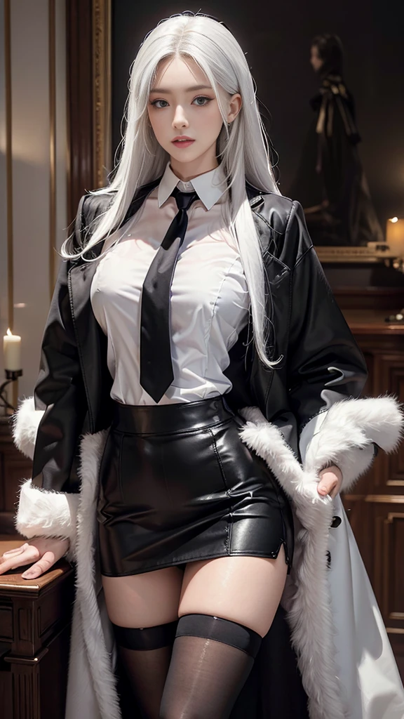 Photorealistic, High resolution, 1 Women, Solo, hips up high, Beautiful eyes, Close lips, Detailed face, White hair, Long hair, Collared shirt, black necktie,Black skirt, pencil skirts, Fur coat, Black stockings