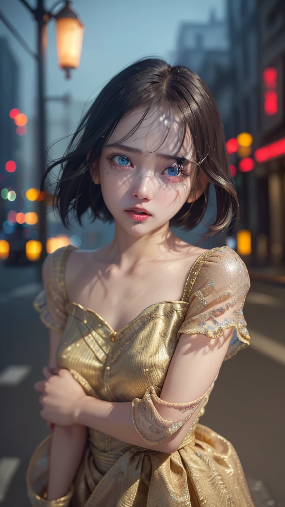 1girl, beautiful detailed eyes, horrified, scared, beautiful detailed lips, extremely detailed eyes and face, standing on a street corner, award winning, intricate details, photorealistic, cinematic lighting, volumetric lighting, depth of field, beautiful face, striking pose, dynamic composition, vivid colors, warm tones,