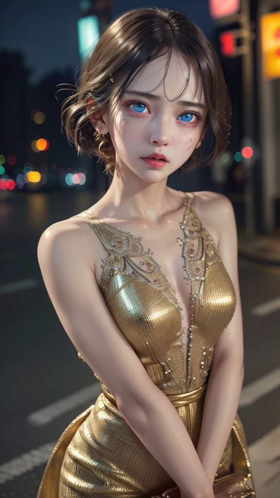 1girl, beautiful detailed eyes, horrified, scared, beautiful detailed lips, extremely detailed eyes and face, standing on a street corner, award winning, intricate details, photorealistic, cinematic lighting, volumetric lighting, depth of field, beautiful face, striking pose, dynamic composition, vivid colors, warm tones, 