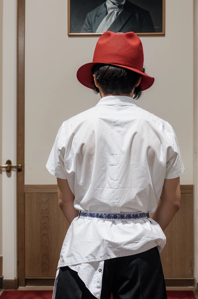 a man wearing a white hat on the front and red on the back and on the front there is a picture of an oval circle wearing a white shirt in the middle black and blue wearing gloves and on the back there is a picture of the Great Hall with black trousers and blue and white shoes