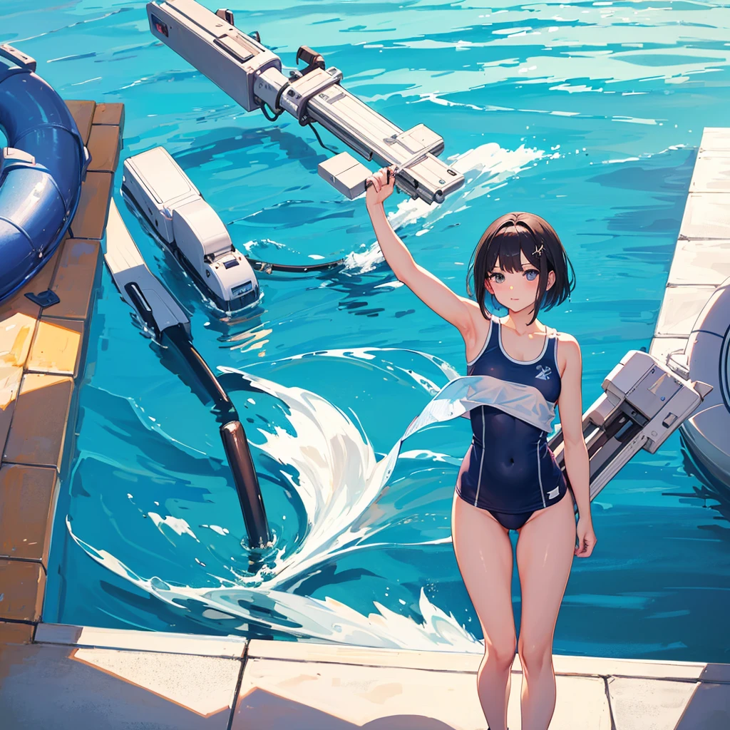high quality，high resolution，1 pretty girl，Short Bob，School Swimsuit，Small breasts，Pool