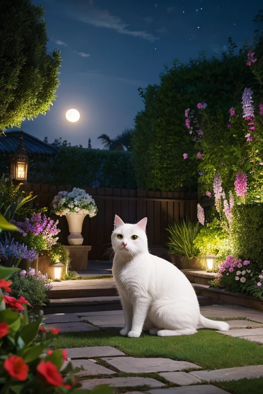 high resolution、masterpiece、Garden at Night、There is moonlight、A white cat that looks like it might be guardian