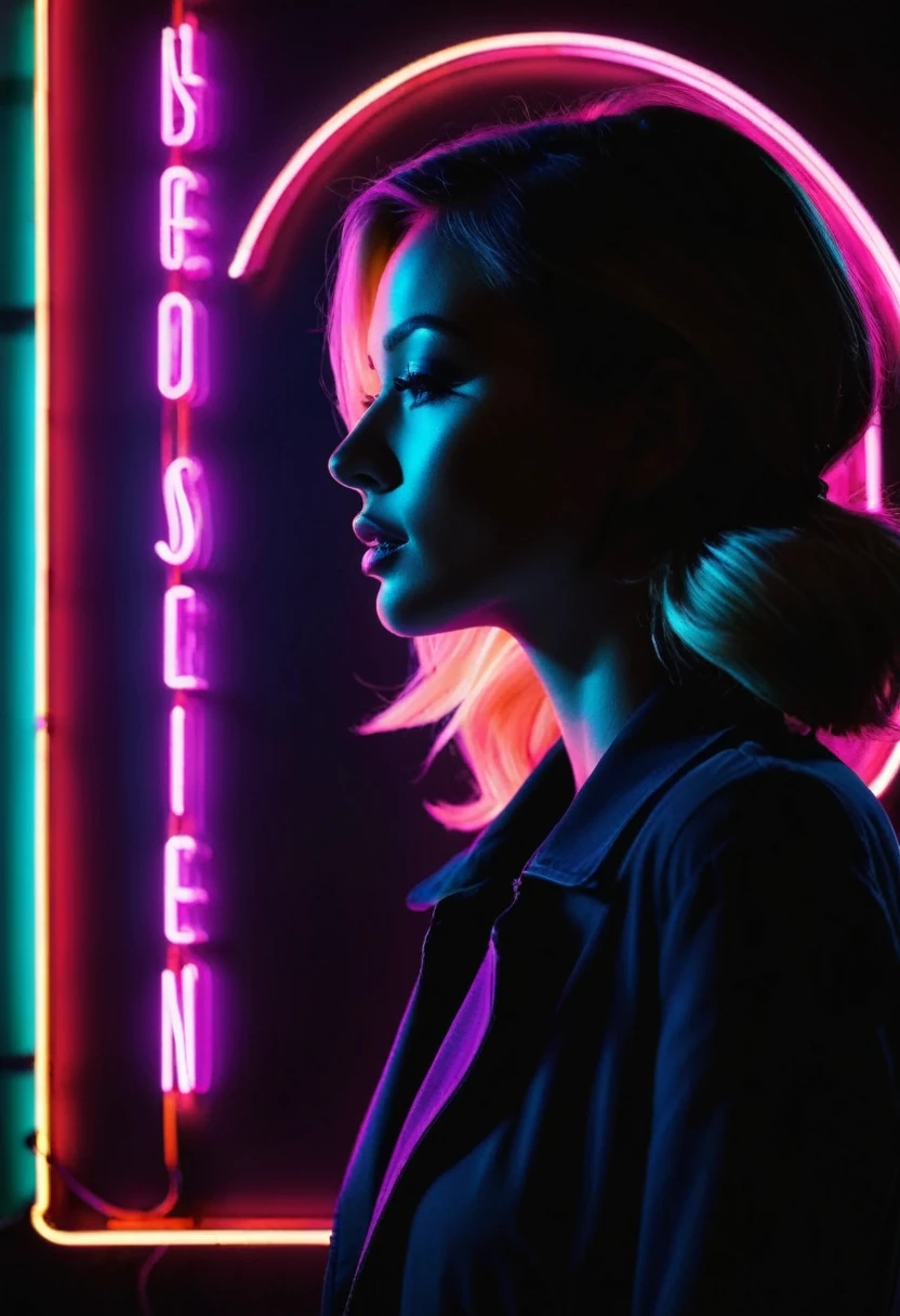 Side face silhouette，Shadow of beautiful woman under neon sign,Huge neon signboard，(Neon sign with text:1.5)
