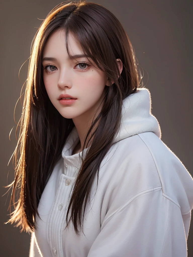best qualtiy，tmasterpiece，A high resolution，Reality，RAW photogr，1girl，brunette color hair，Tall and tall，The background color is dark，There is a strong sense of contrast，The skin is tender and textured，cold light，With a shallow smile，With deep eyes 