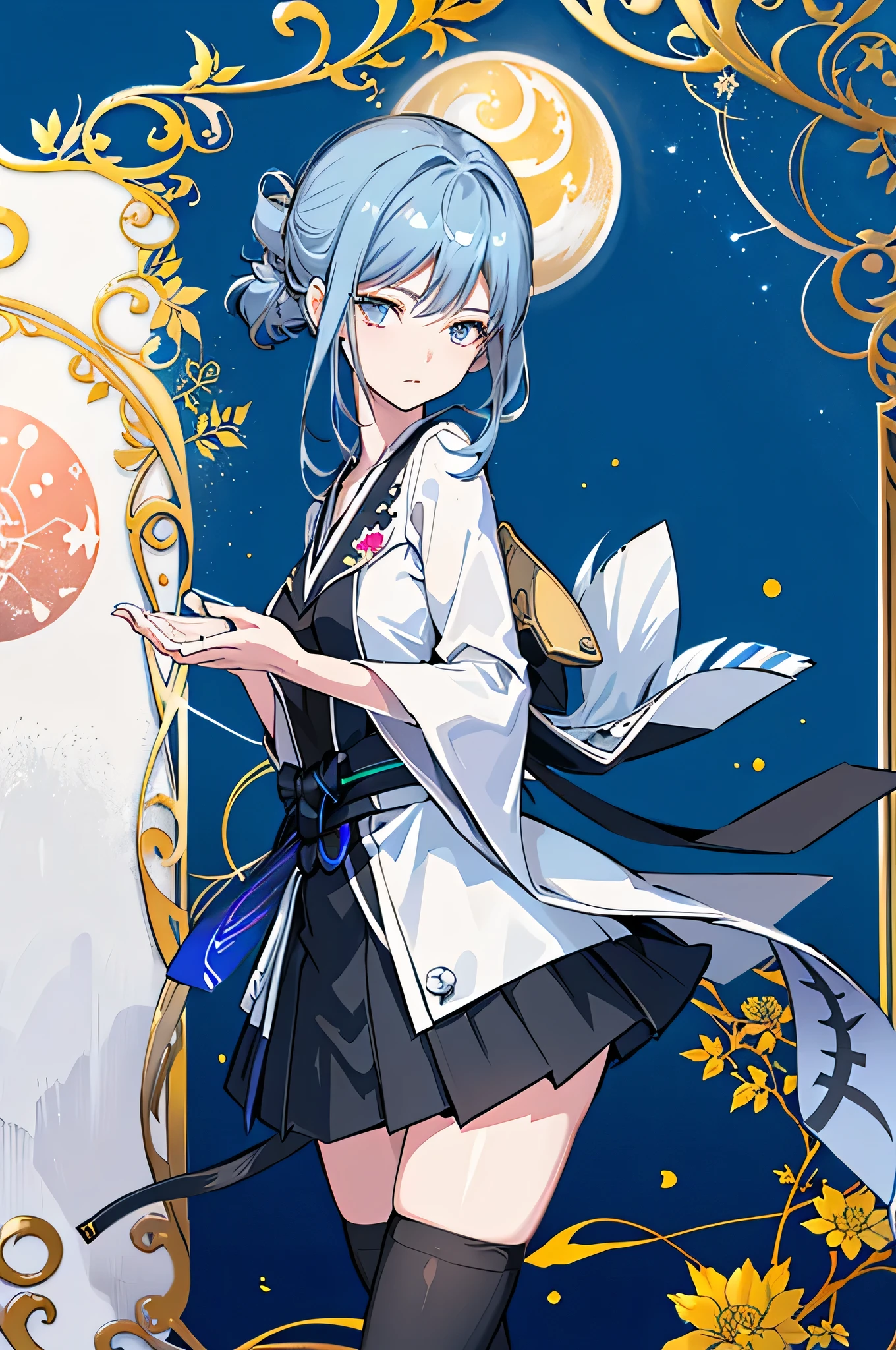 1girl, solo, outdoors, long hair, holy place, Original,(Illustration:1.1),(Best Quality),(masutepiece:1.1),(the Extremely Detailed CG Unity 8K Wallpapers:1.1), (Colorful:0.9),(mid-shot:0.95),(extremely detailed beautiful face),(Solo:1.2), (girl),(((Lori))), (Detailed beautiful eyes:1.15), (Beautiful face:1.15), (Glowing blue eyes:1.25////),(((sky blue Long Hair))),(two side up),(+perfect hand+:1.21),(Draw illustration of Japan priestess costume),(slender),(White pleated skirt),(Gothic),((black thighhighs)),(frilld),(Beautiful Slender Lolita Girl),hallowween,standing, girl,, girl,foggy place,vampire,sky blue hair,full body,whole body,