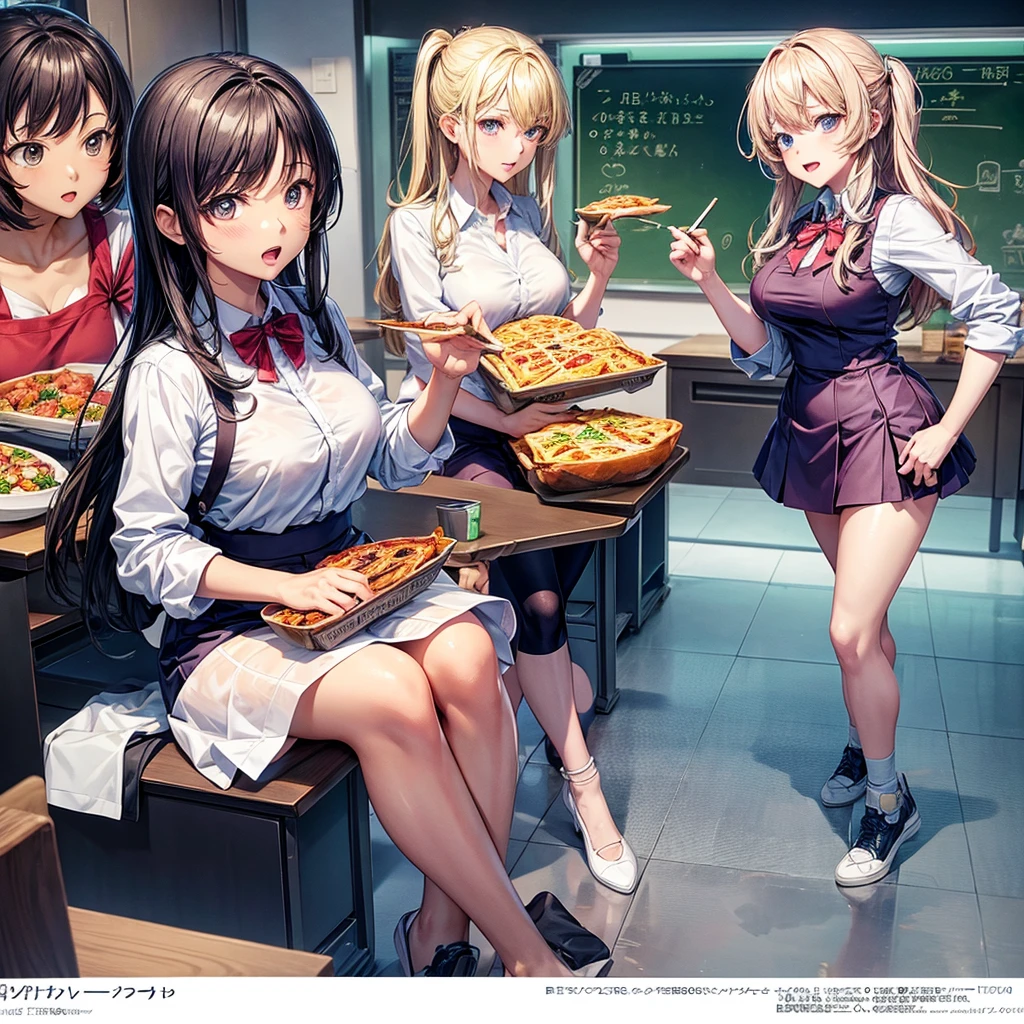 Anime drawing of a teacher explaining in class about the presentation of the pizzaron from the different labeled containers (organic, inorganic, dangerous).