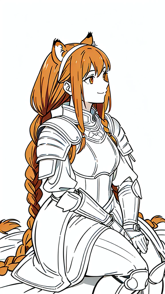 (1girl,20 years old,mature female,solo),tiger ears,long hair,(twin braids),orange hair,white knight armor,(white background,line drawing),smile,sitting,profile, looking away