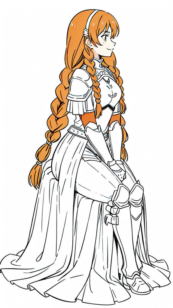 (1girl,20 years old,mature female,solo),tiger ears,long hair,(twin braids),orange hair,white knight armor,(white background,line drawing),smile,sitting,profile, looking away