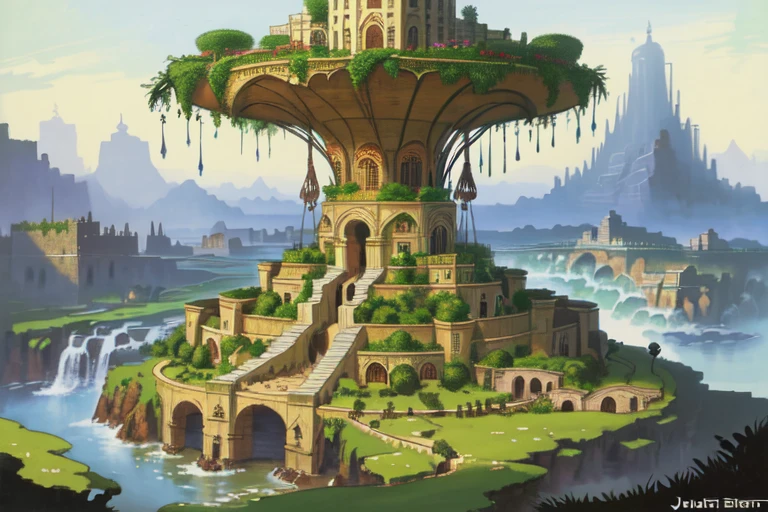 fantasy landscape, like the hanging gardens of lon, by Joubert 