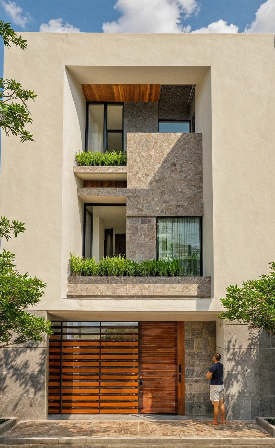 head of'artwork, High quality, best quality, authentique, great detail, En plein air, villa de plain-piedXL, credit group, style de maison moderne dans la rue ,stairs, white wall ,road,pavement, grass, trees, sky, nuvens, (day light:1.1)