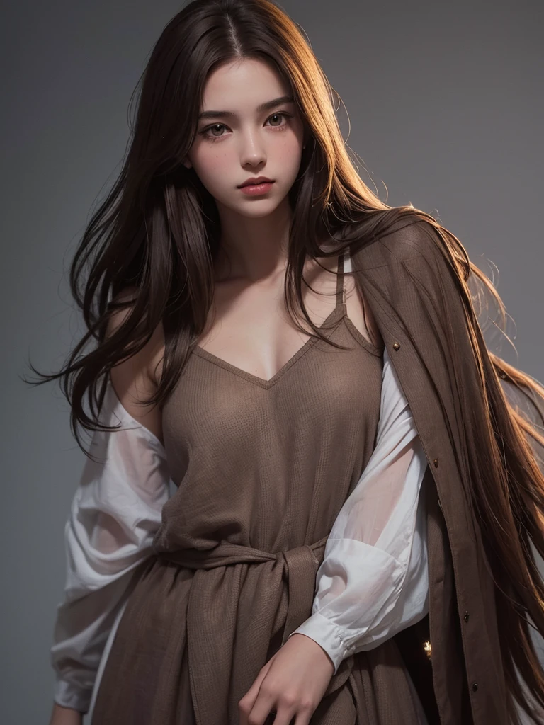 best qualtiy，tmasterpiece，A high resolution，Reality，RAW photogr，1girl，brunette color hair，Tall and tall，The background color is dark，There is a strong sense of contrast，The skin is tender and textured，cold light，With a shallow smile，With deep eyes 