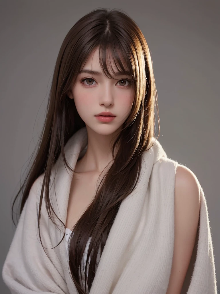 best qualtiy,tmasterpiece,A high resolution,Reality,RAW photogr,1girl,brunette color hair,Tall and tall,The background color is dark,There is a strong sense of contrast,The skin is tender and textured,cold light,With a shallow smile,With deep eyes