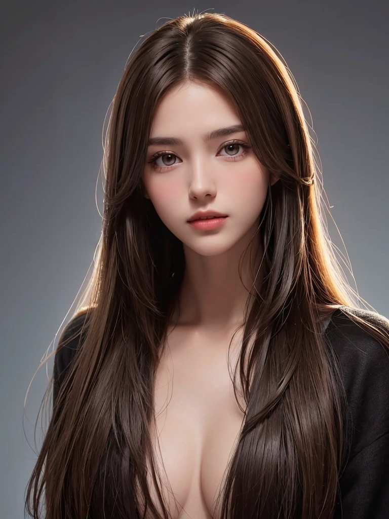 best qualtiy,tmasterpiece,A high resolution,Reality,RAW photogr,1girl,brunette color hair,Tall and tall,The background color is dark,There is a strong sense of contrast,The skin is tender and textured,cold light,With a shallow smile,With deep eyes