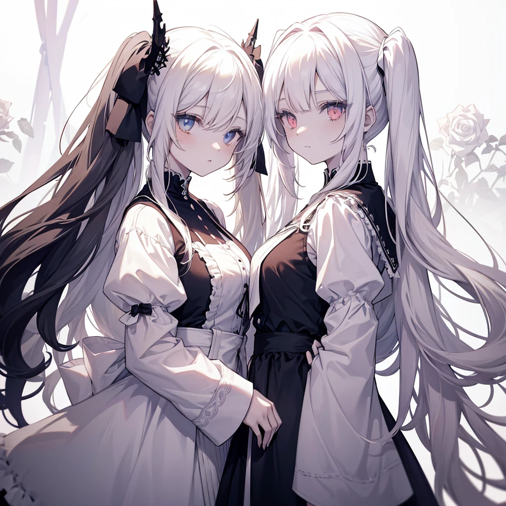 Two girls, red eyes and beige hair, blue eyes and white hair, twin tails, long hair, monochrome gothic fashion, white roses, white background,